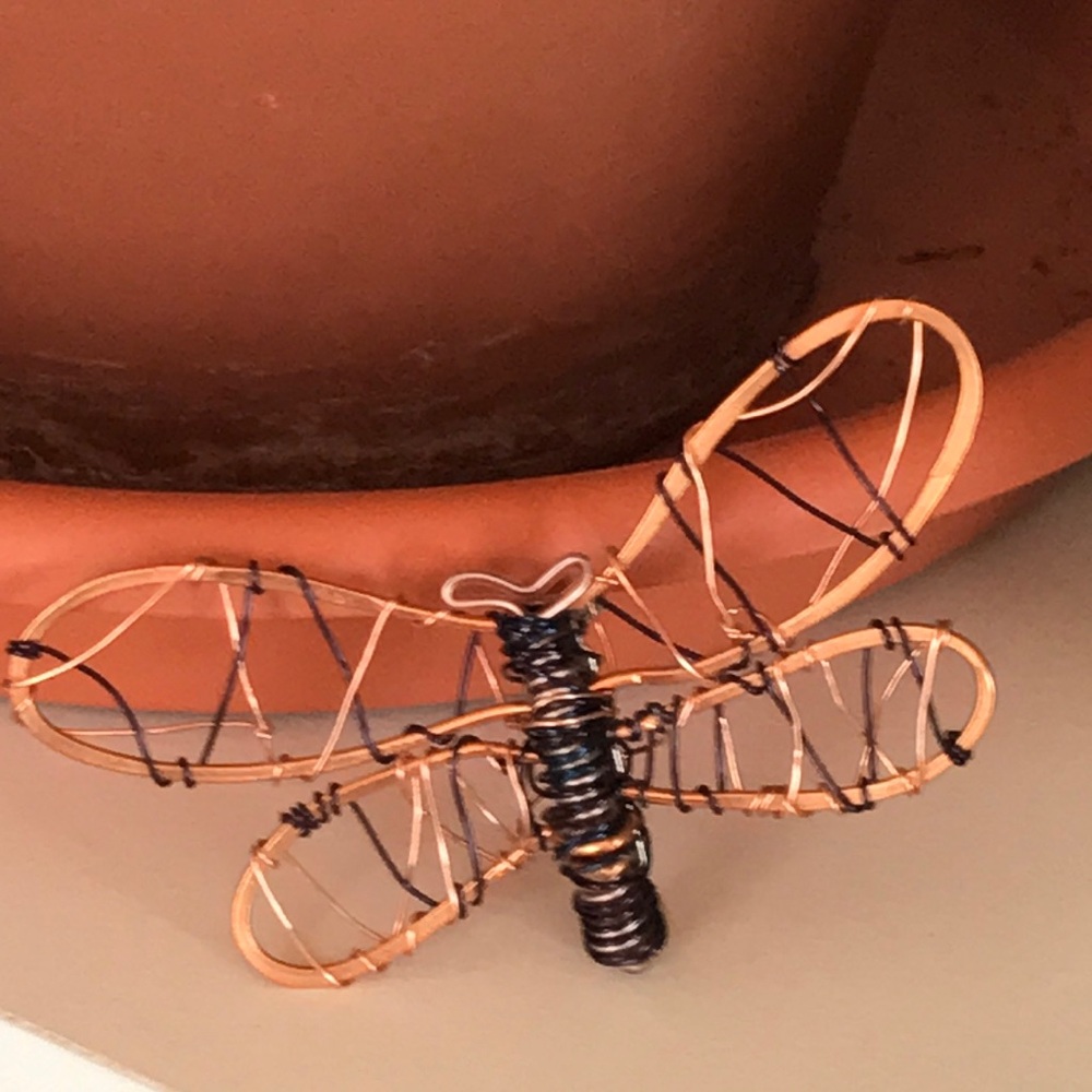 Artisan crafted Copper wire wrapped dragonfly brooch